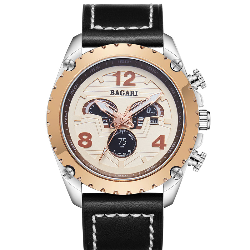 BAGARI 8007P Genuine Leather Watch Band Quartz Watch Calendar Casual Style Men Watch