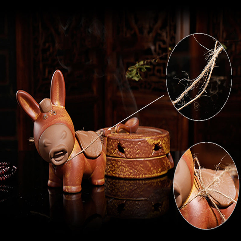 2Pcs/Set Ceramic Incense Cone Burner Incense Holder Donkey Pulling Millstone w/ Rope Lucky Fragrant Censer Decor