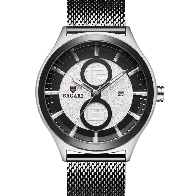 BAGARI 8012W Ultrathin Business Style Men Watch Mesh Steel Band Quartz Watch