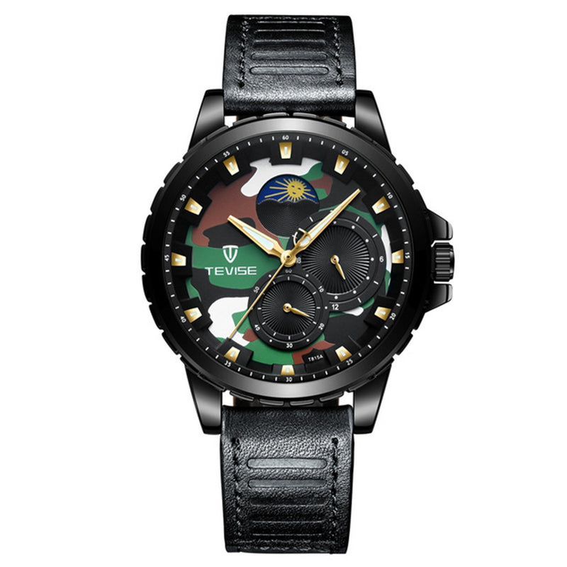 TEVISE T815 Military Style Calendar Automatic Mechanical Watch Leather Strap Men Watch