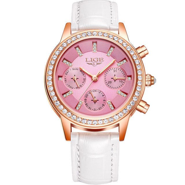 LIGE 9812 Elegant Design Date Display Ladies Wrist Watch Diamonds Leather Band Quartz Watches