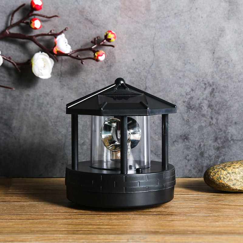 Black LED Solar Powered Lighthouse 360 Rotating Light Outdoor Garden Desk Lamp