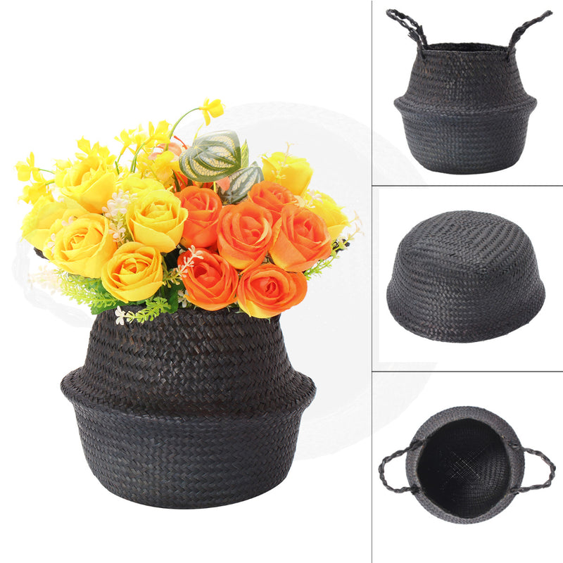 Black Seagrass Belly Basket Storage Holder Plant Pot Bag Home Decoration Storage Baskets