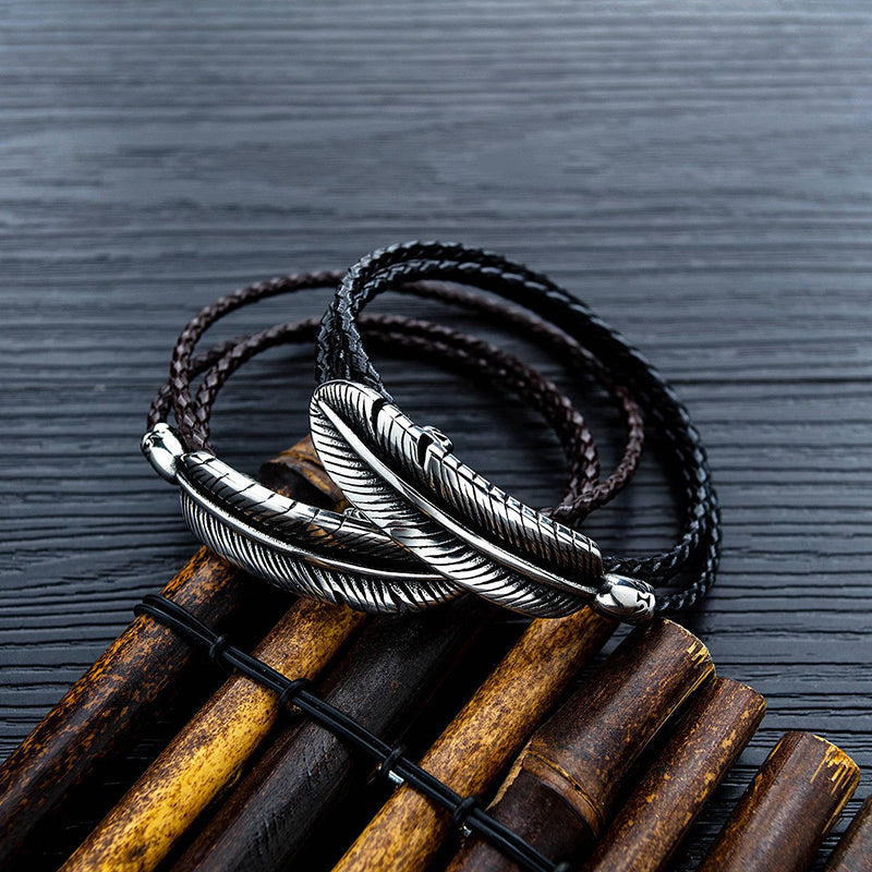 Titanium Steel Feather Skin Multi-layer Stainless Steel Braided Leather Male Bracelet