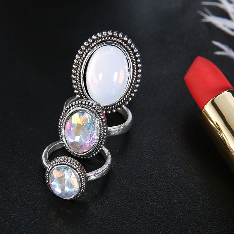 3Pcs/set Statement Silver Color Ring Set Big Gem Stone Women's Oval Boho Knuckle