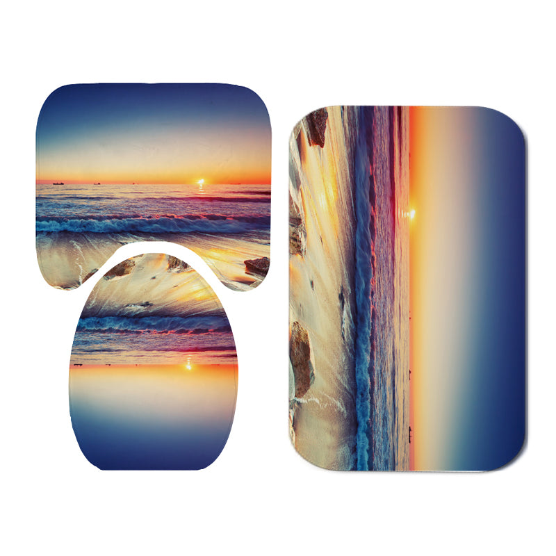 Waterproof Shower Curtain Non-Slip Rug Three Set  Bathroom Decor Blue Ocean Sunset