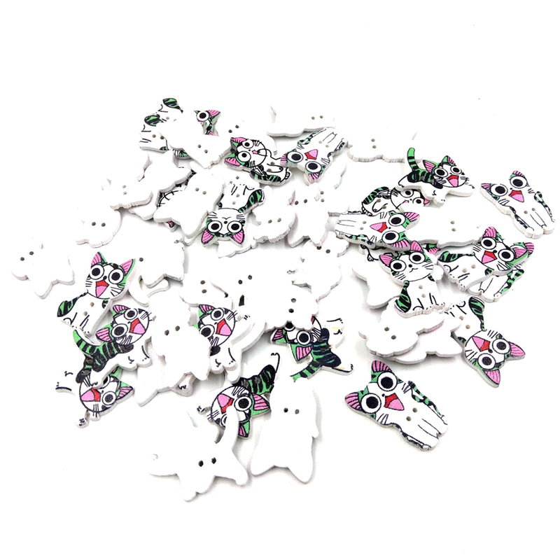 50PCS 21-26MM DIY Animal Wood Buttons Painted Cute Cat Hand-sewing Decorative Other Crafts Accessori