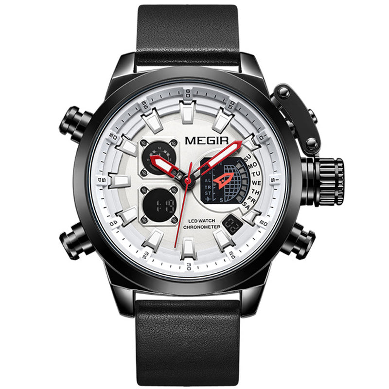 MEGIR 2090 Fashion Men Digital Watch Chronograph Luminous Display Waterproof Leather Strap Dual Display Watch