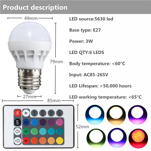 E27 LED RGB Bulb 3W SMD 5630 Color Changing 24 Keys IR Remote Control Globe Light Lamp AC 85-265V