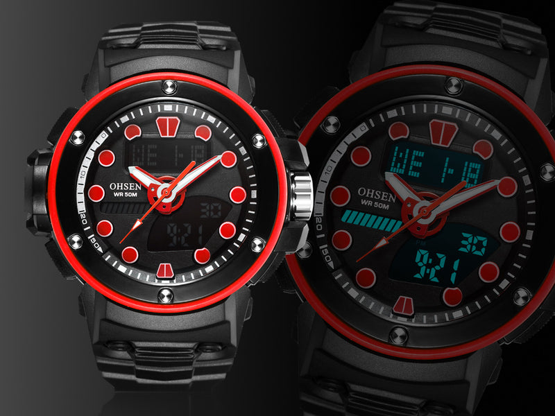 OHSEN AD1712 Dual Display Digital Watch Outdoors Sport Men Luminous Alarm Waterproof Watch