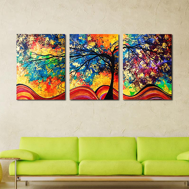 Miico Hand Painted Three Combination Decorative Paintings Money Tree Wall Art For Home Decoration