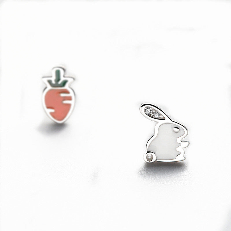 925 Sterling Silver Cute Asymmetric Rabbit Carrot Stud Earrings Trendy Zirconia Piercing Earring