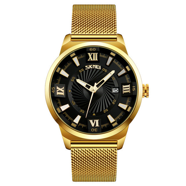 SKMEI 9166 Business Gold Stainless Steel Strap Date Display Waterproof Men Watch Quartz Watch