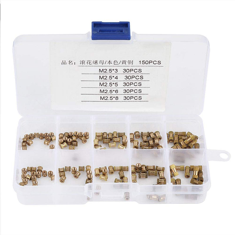 Suleve M2.5BN1 150Pcs M2.5 Brass Cylinder Knurled Nut Round Molded-in Insert Embedded Nuts Assortment Set