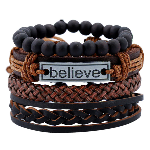 Vintage Leather Bracelet Believe Words Charm Multilayer Weave Beaded Bracelet for Men