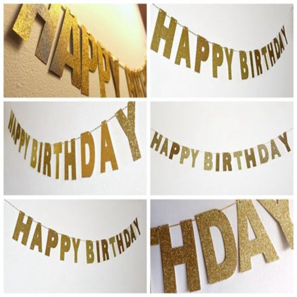 3m Gold Sparkly Glitter Banner Happy Birthday Banner Glitter Party Decor Photo Backdrop