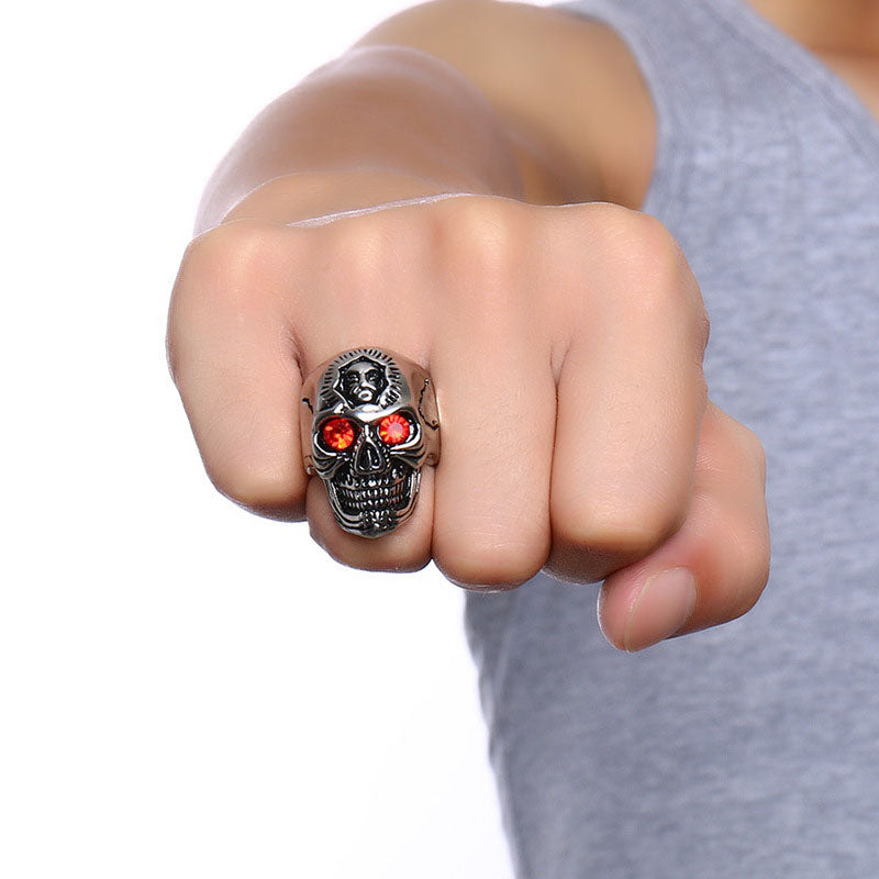 Men's Stainless Steel Red Rhinestone Ring Trendy Skull Head Men Jewelry