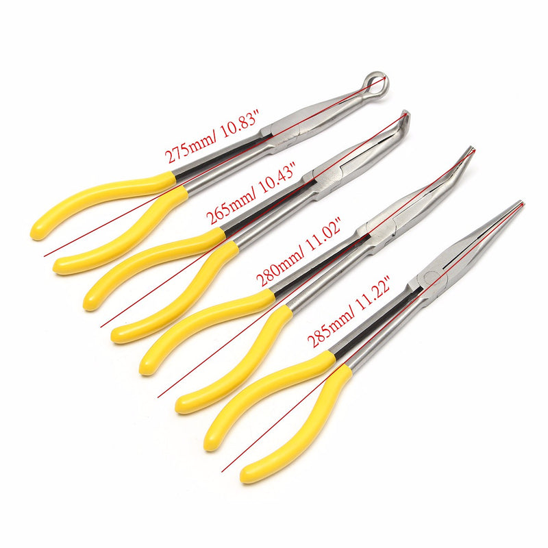 4Pcs 11 inch Extra Long Nose Pliers Straight Bent Mechanic Equipment Hand Tool Set