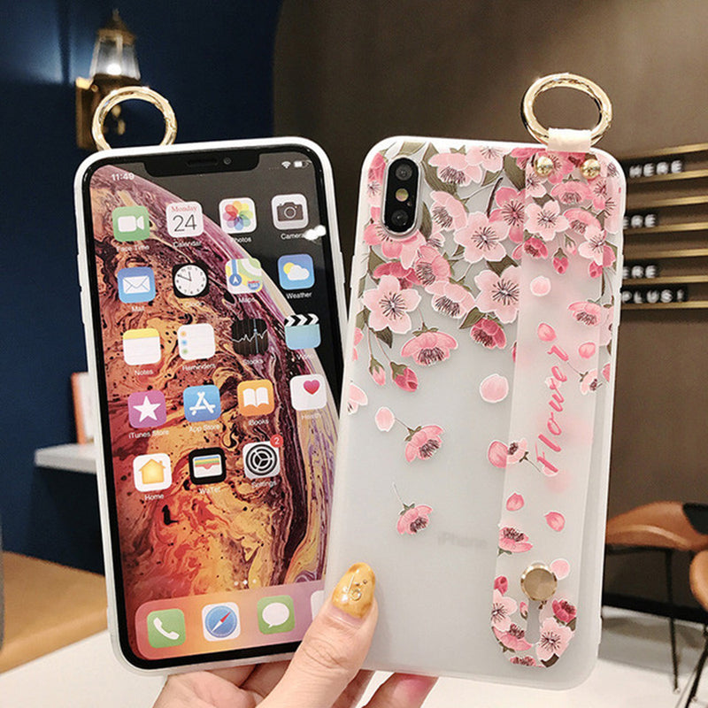 Bakeey Blossom Embossed Soft Silicone Protective Case with Wristband Holder for iPhone XS MAX XR X for iPhone 7 6 6S 8 Plus Back Cover