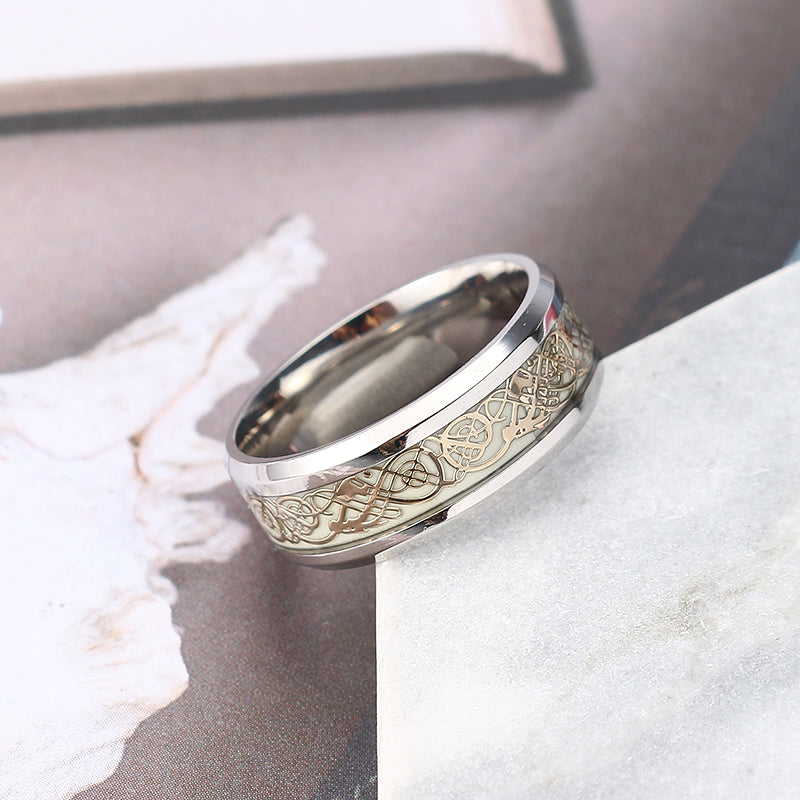 Fashion Luminous Stainless Steel Finger Ring Dragon Pattern Punk Gift for Men