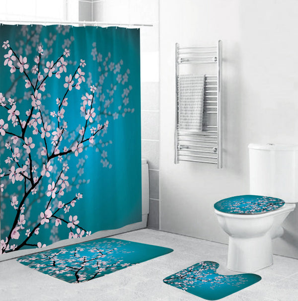 3d Digital Printing Polyester Flower Waterproof Shower Curtain Green Plant Floor Mat Toilet Three-piece