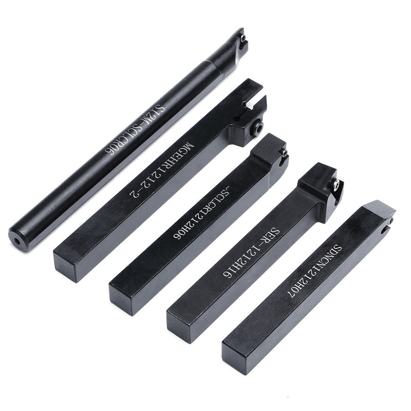 5pcs 12mm Shank Turning Tool Holder Set with Inserts Blade Wrench for Bench Lathe CNC