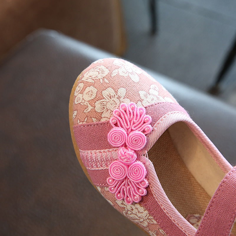 Girls Folkways Embroidered Stitching Hook Loop Flat Cloth Shoes Baby Shoes