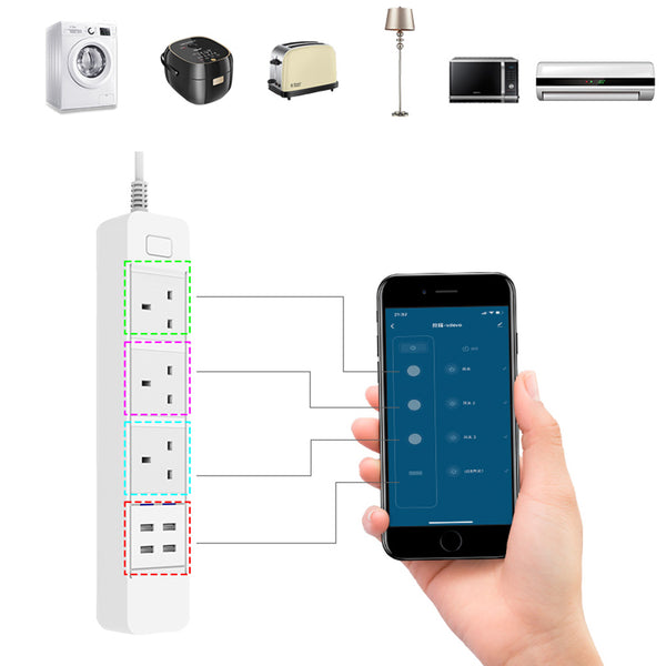 DHEKINGD D666 Smart WIFI APP Control Power Strip with 3 UK Outlets Plug 4 USB Fast Charging Socket App Control Work Power Outlet