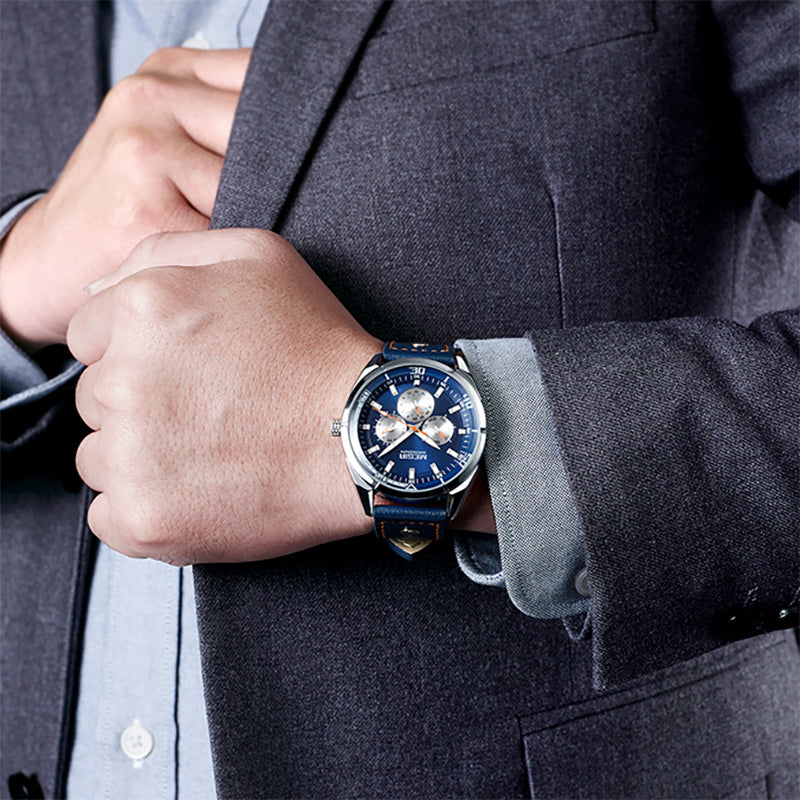 MEGIR ML2072G Men Watch Luminous Display Calendar Watch Leather Sport Style Quartz Wristwatches