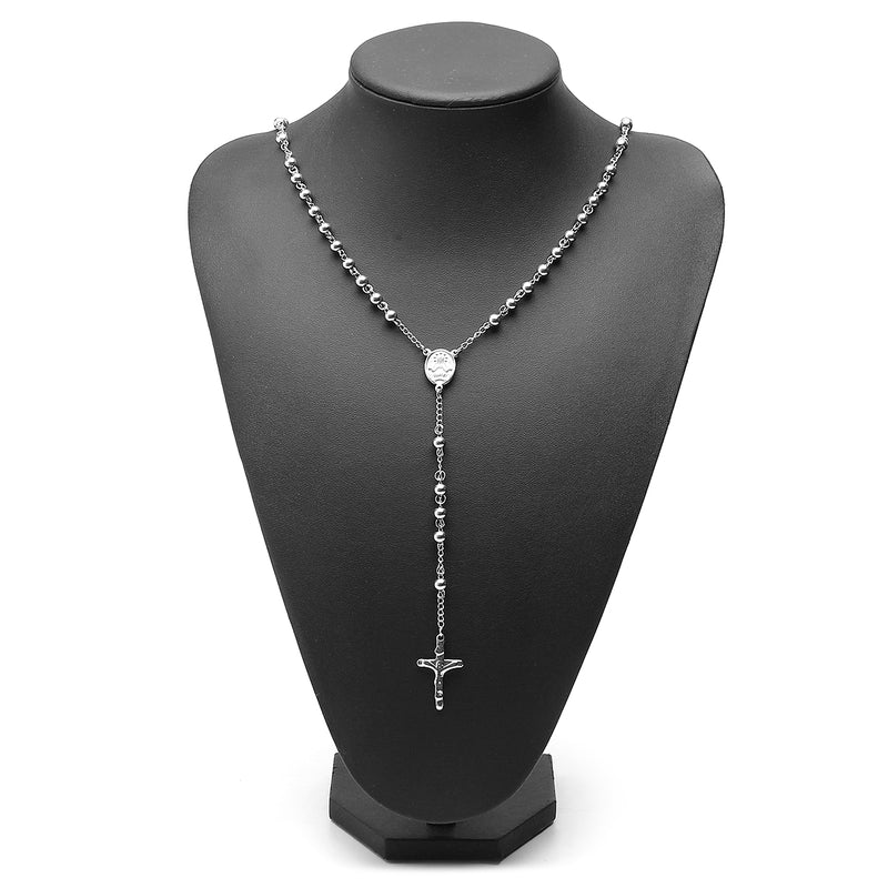 4/5/6/8mm Silver Tone Crossed Pendant Stainless Steel Bead Chain Jesus Christ Rosary Long Necklace Mens Womens Jewelry