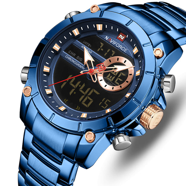 NAVIFORCE 9163 Waterproof Alarm Business Style Dual Display Watch Full Steel Quartz Watch