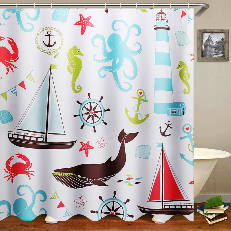 Marine Animal Bathroom Shower Curtain Toilet Cover Bath Mat Non-Slip Rug Set