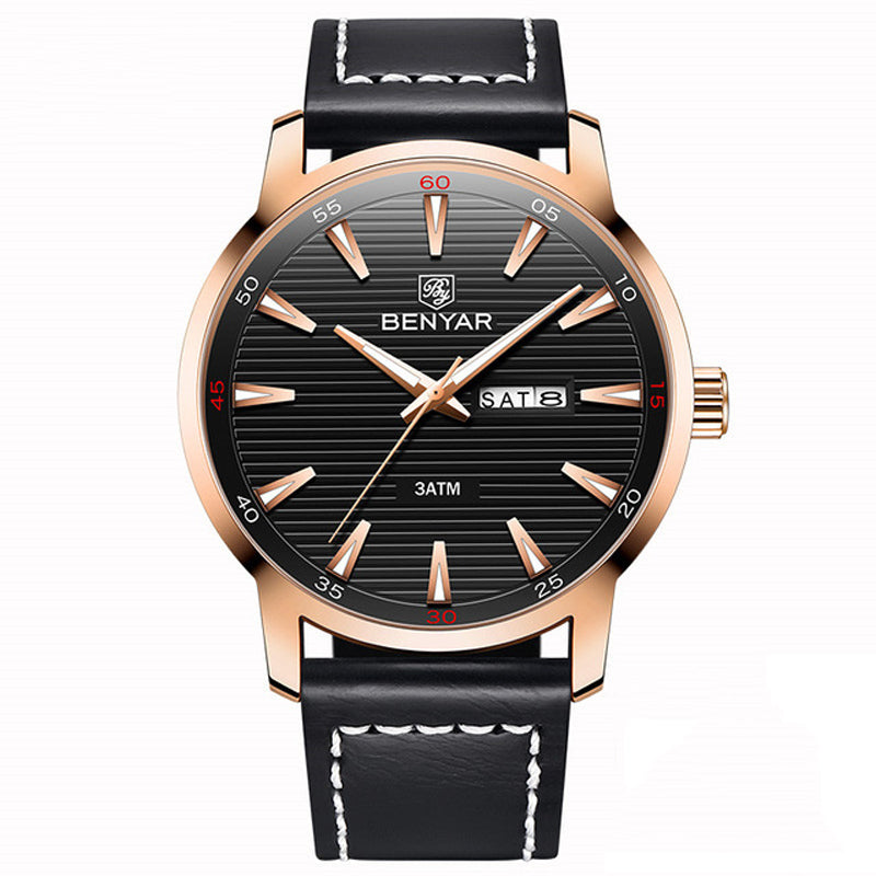 Benyar 5145 Fashion Men Watch Waterproof Automatic Week Display Leather Strap Quartz Watch