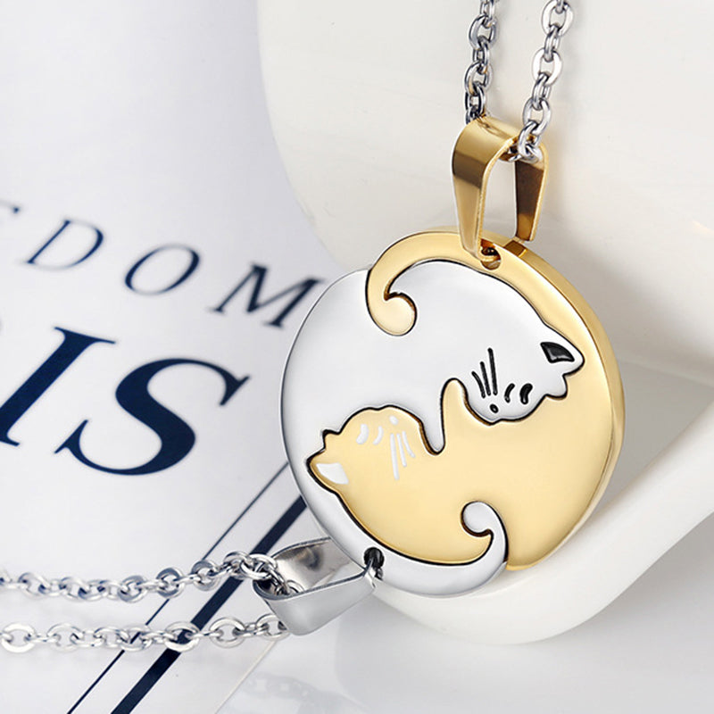 Trendy Geometric Animal Stainless Steel Necklace Cute Sweet Cat Pendant Puzzle Couple Necklace