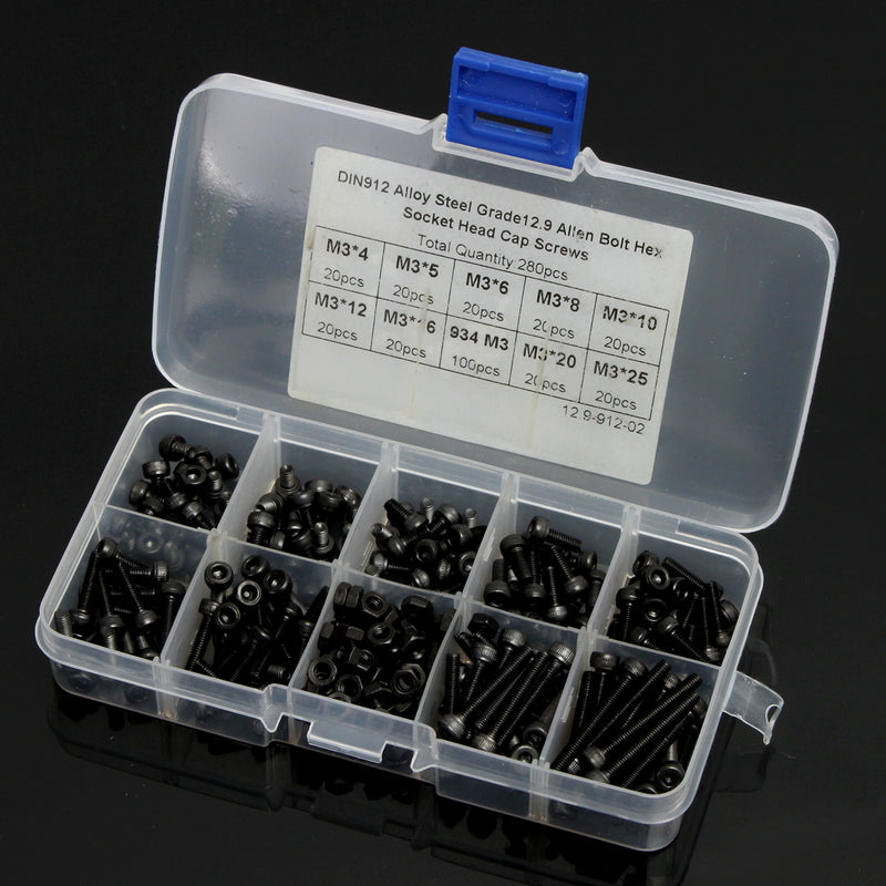 Suleve M3AH2 280pcs M3 Hex Socket Screws Allen Bolt Assortment with Nuts Grade 12.9 Alloy Steel