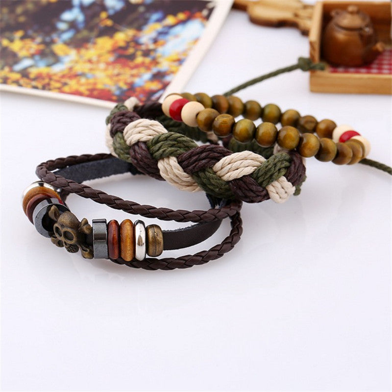 Retro Multilayer Braided Leather Rope Skull Bracelet Adjustable Wristhand for Men