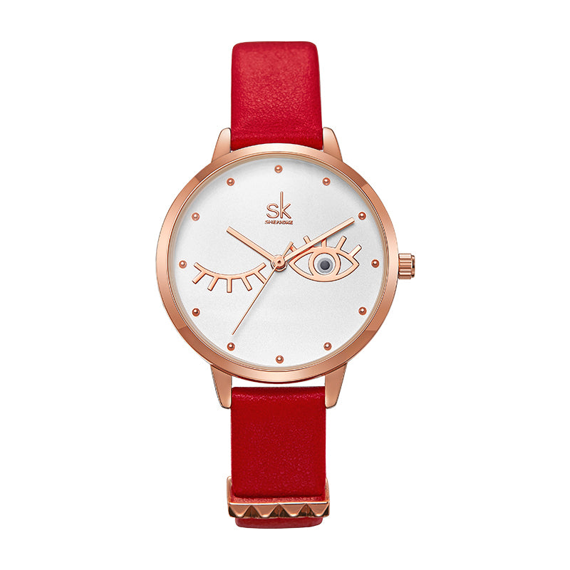 SHENGKE SK K9011 Blink Eyes Pattern Ladies Dress Leather Strap Women Quartz Watch