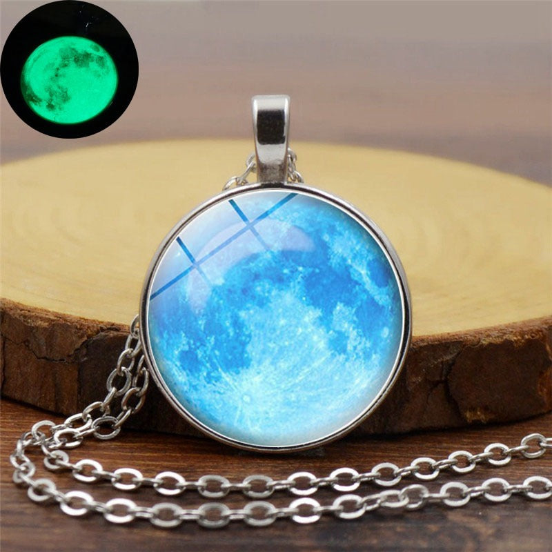 Retro Luminous Moon Long Necklace Sliver Alloy Sweater Necklace Unisex