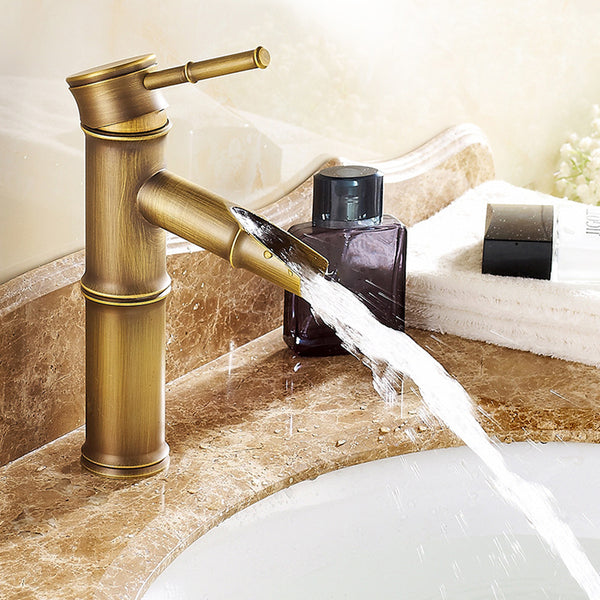 Bamboo Vintage Bronze Bathroom Basin Sink Faucet Hot and Cold Water Deck Mount Mixer Tap