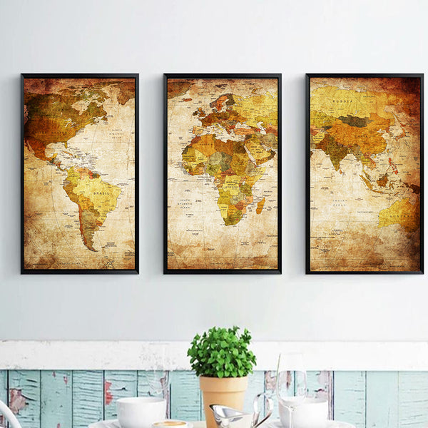 Miico Hand Painted Three Combination Decorative Paintings World Map Wall Art For Home Decoration
