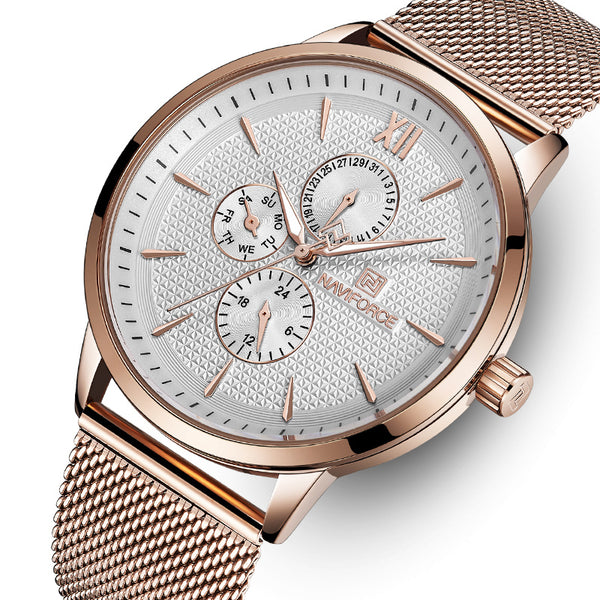 NAVIFORCE 3003 Working Little Dials Waterproof Quartz Watch Mesh Steel Ultra Thin Men Watch