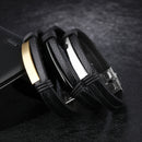 Double Black Stainless Steel Men's Leather Bracelet