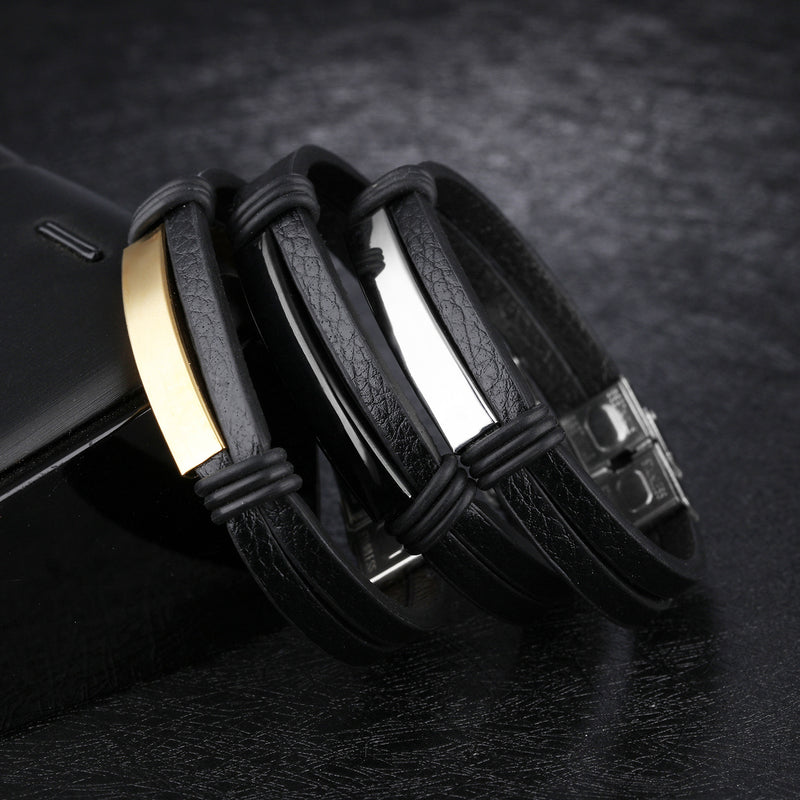 Double Black Stainless Steel Men's Leather Bracelet