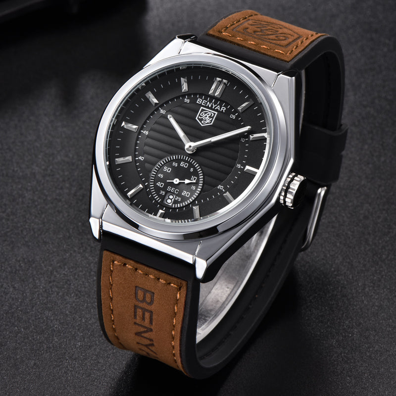 BENYAR 5125M Sport Men Watch 3ATM Waterproof Calendar Leather Strap Quartz Watch