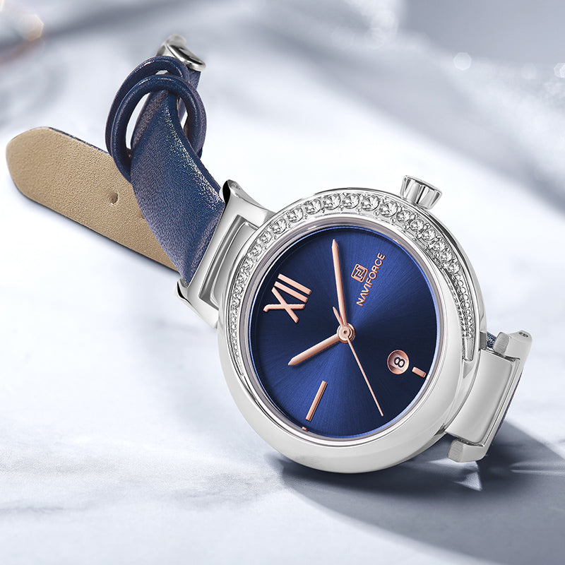 NAVIFORCE 5007 Crystal Casual Style Date Display Women Watch Leather Strap Quartz Watch