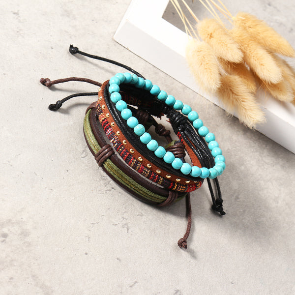Punk Multilayer Bracelets Adjustable Woven Beads Leather Bracelets for Men