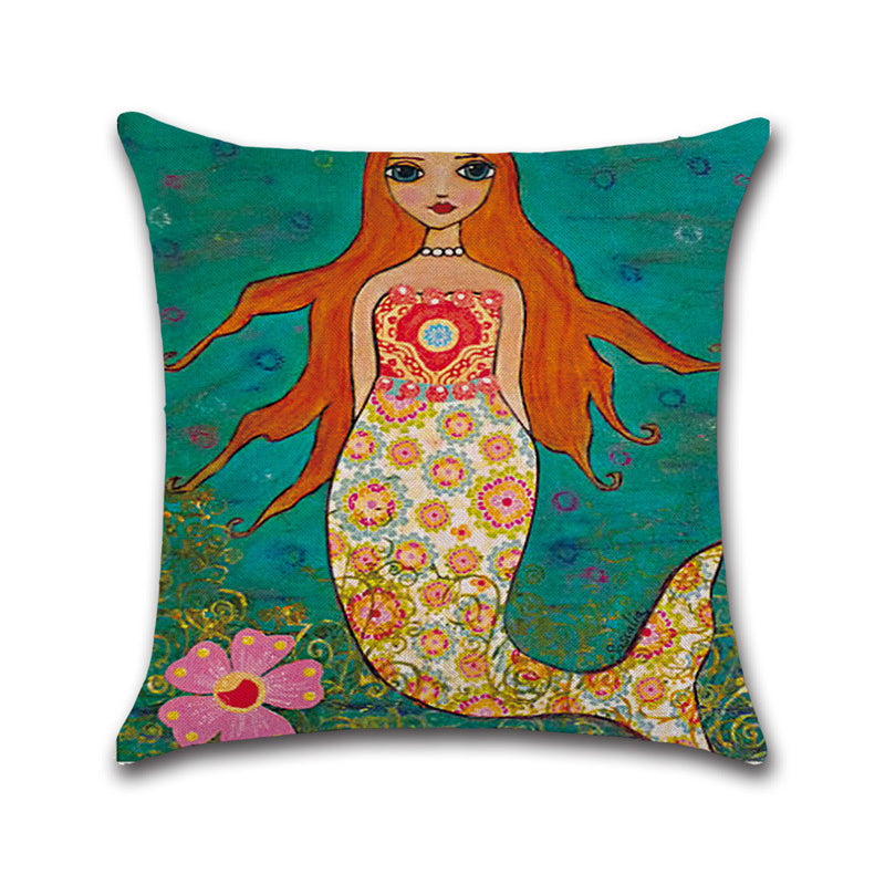 Mermaid Printed Cotton Linen Cushion Cover Square Home Decor Soft Comfortable Pillow Case