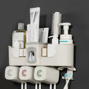 Toothpaste Dispenser Toothbrush Holder No Drill Wall Mount Bathroom Storage Shelf Rack