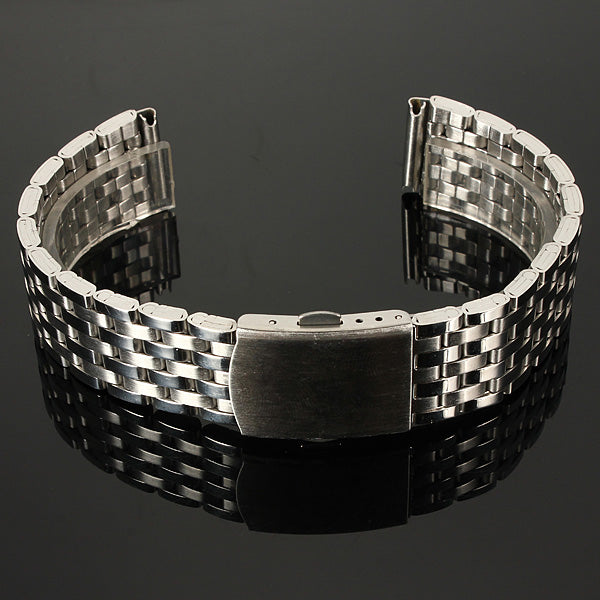 18/20/22mm Silver Stainless Steel 7 Bead Fold Buckle Watch Band