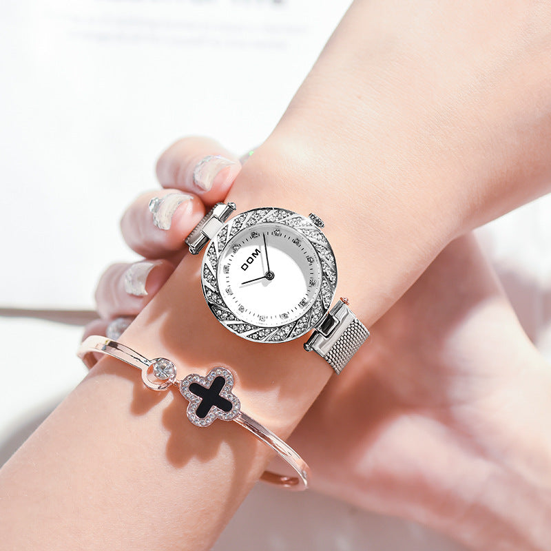 DOM G-1279 Crystal Casual Style Ladies Wrist Watch Mesh Steel Band Quartz Watch